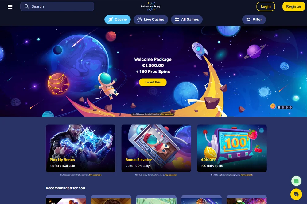Galactic Wins Online Casino - $1,500.00 + 180 Free Spins