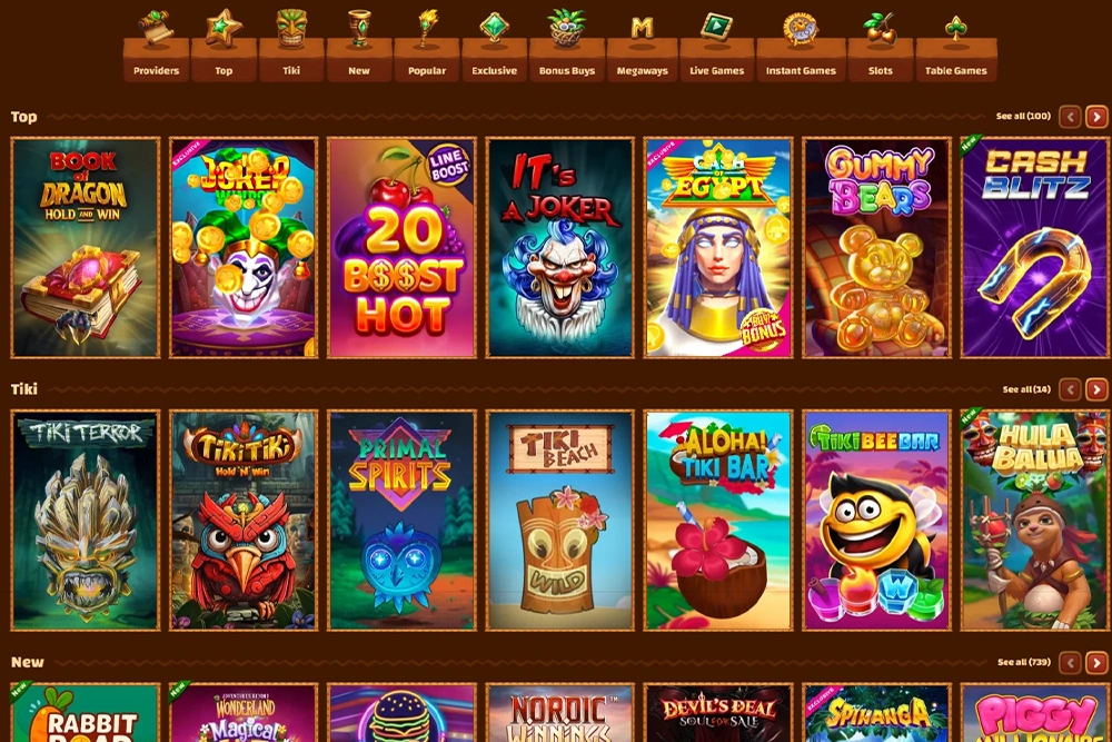 Best casino Games, slots machines and tables games on Tiki Casino