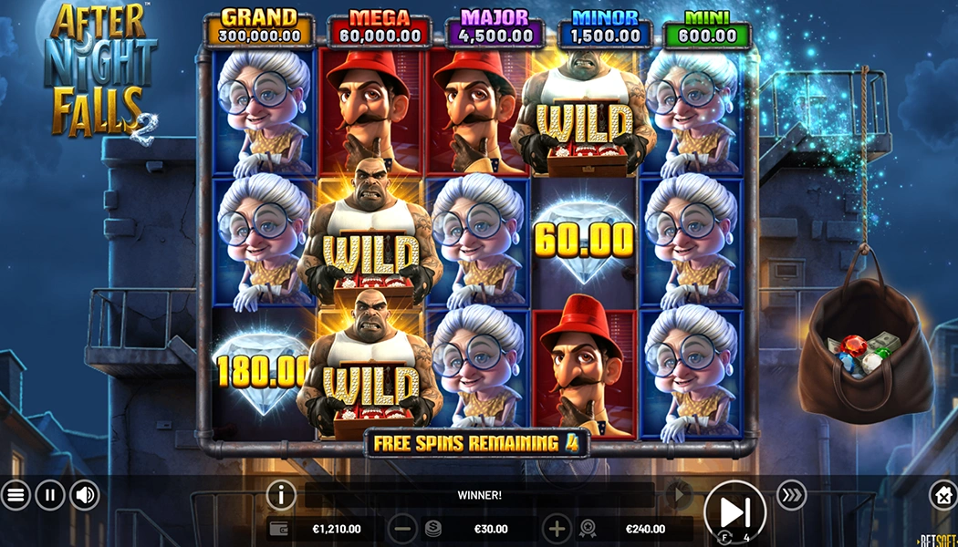 Gameplay After Night Falls 2 Crime-themed slot machine by Betsoft Gaming