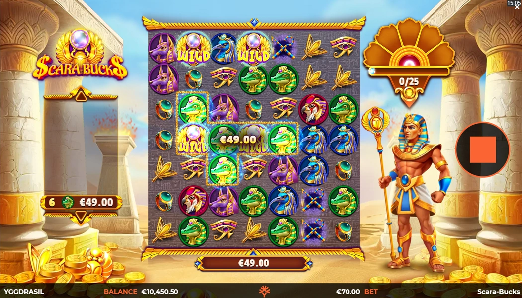 Gameplay Scara Buck, an Egyptian slot Game by Yggdrasil Gaming
