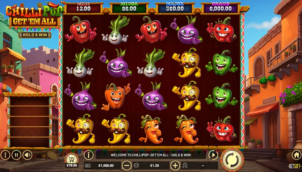 ChilliPop Get Em All Betsoft slot 5x4 scatter pays cascading Mexican