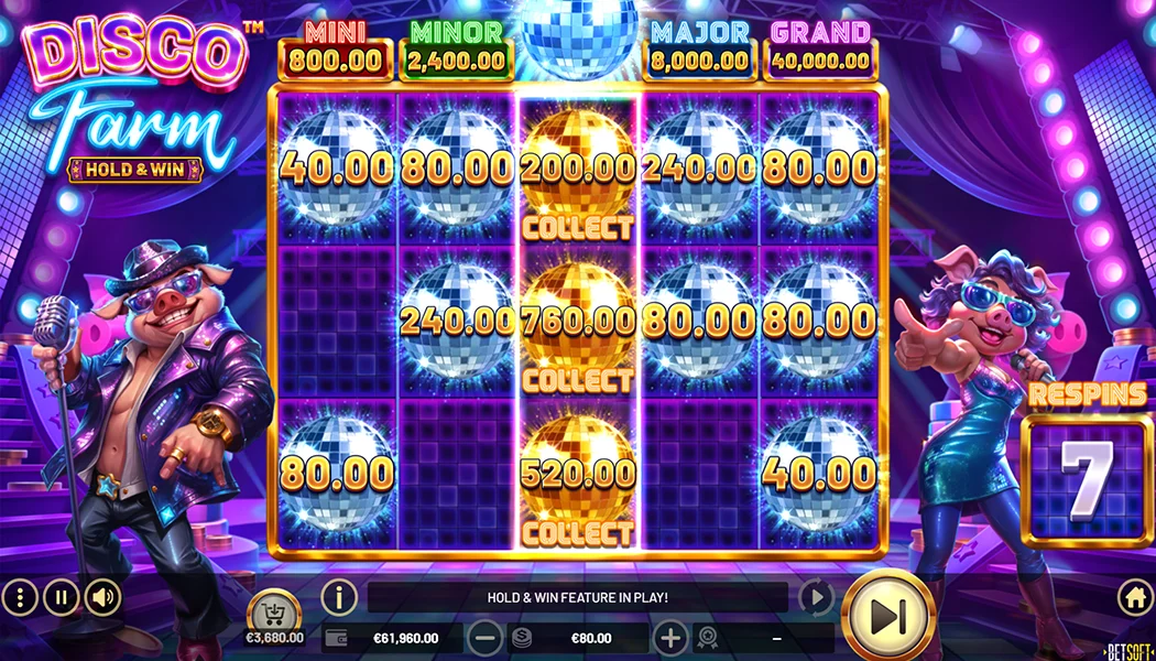 Disco Farm Hold and Win bonus expanding reels Collect symbol