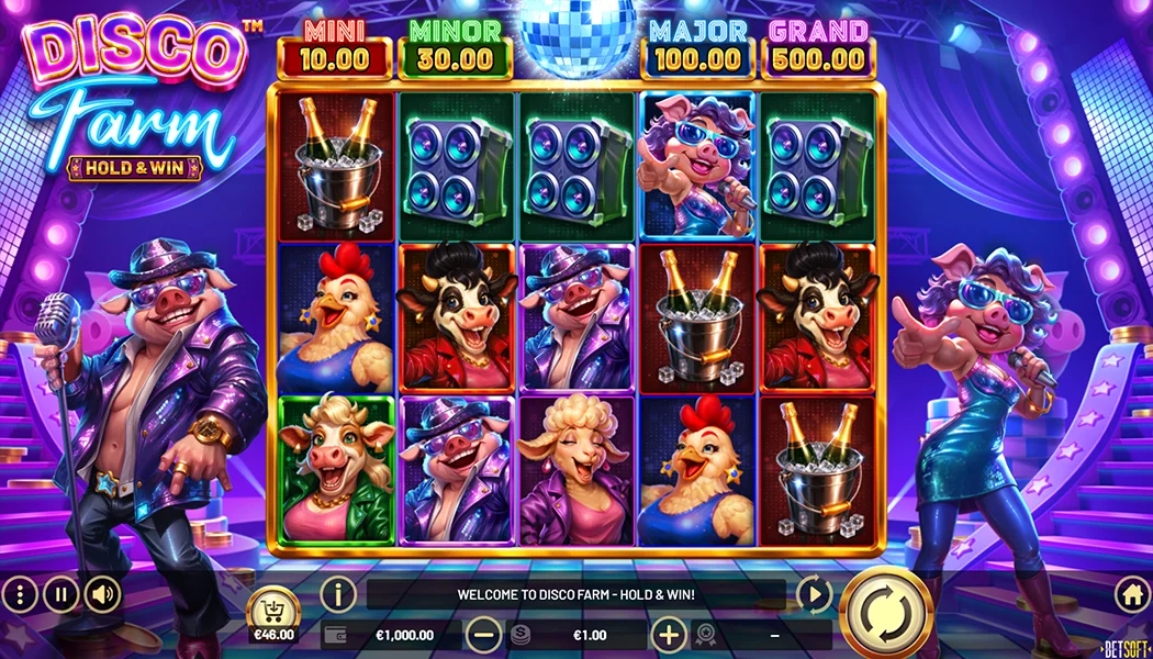 Disco Farm Hold and Win Betsoft slot 5x3 disco animals gameplay