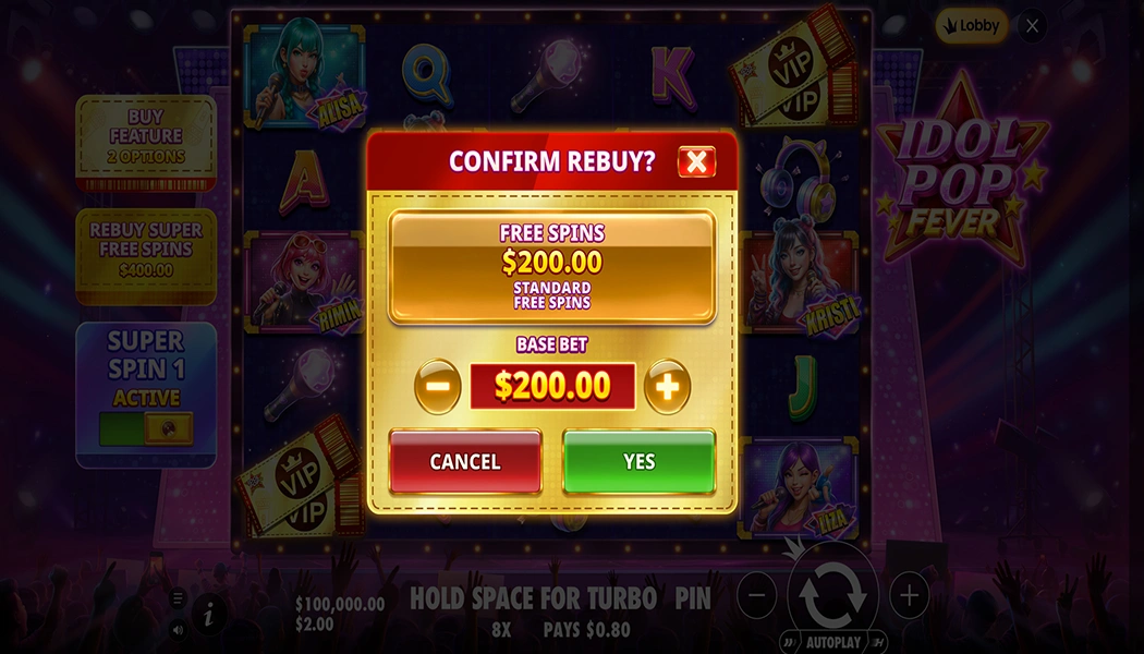 Idol Pop Fever Super Free Spins big win stacked multipliers