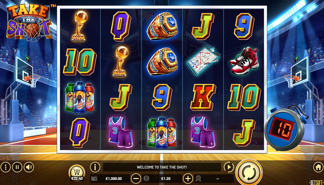 Take the Shot Betsoft slot 5x4 basketball Stopwatch progression gameplay