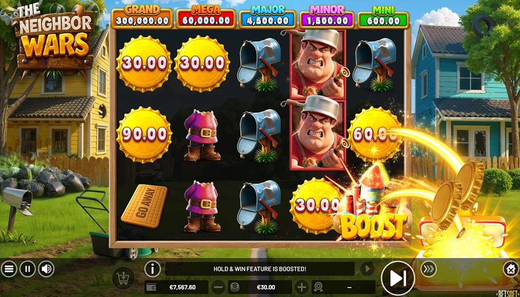 The Neighbor Wars Betsoft slot 5x3 gameplay with Stacked Mystery Symbols