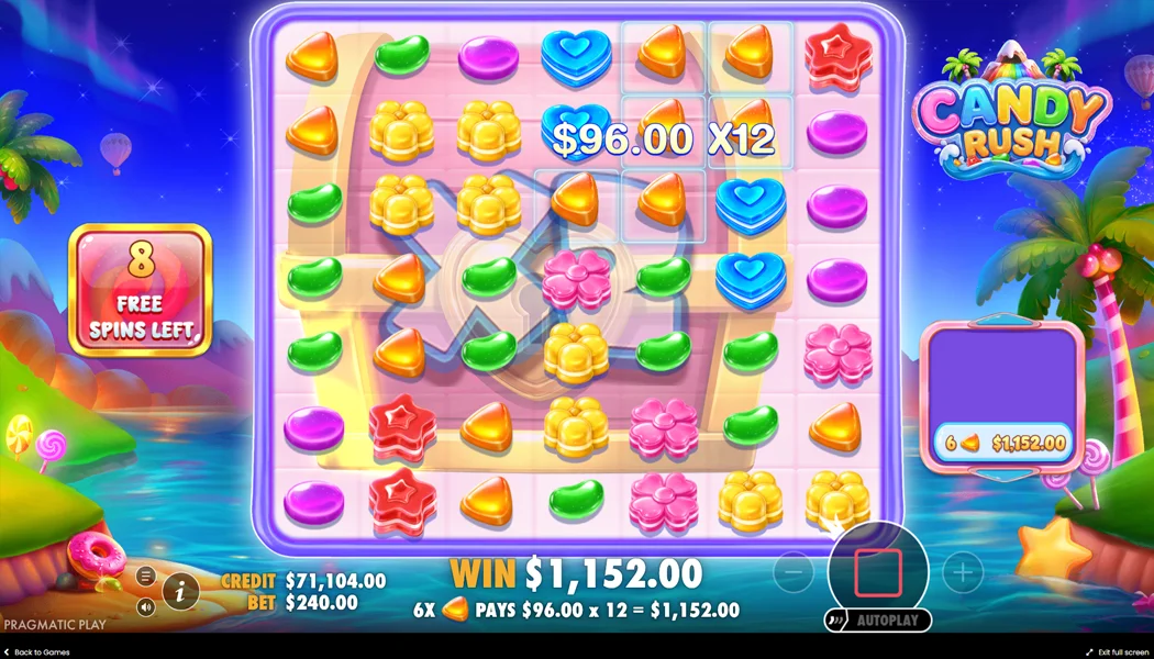 Candy Rush Free Spins Multiplier Underlay 128x cluster pays