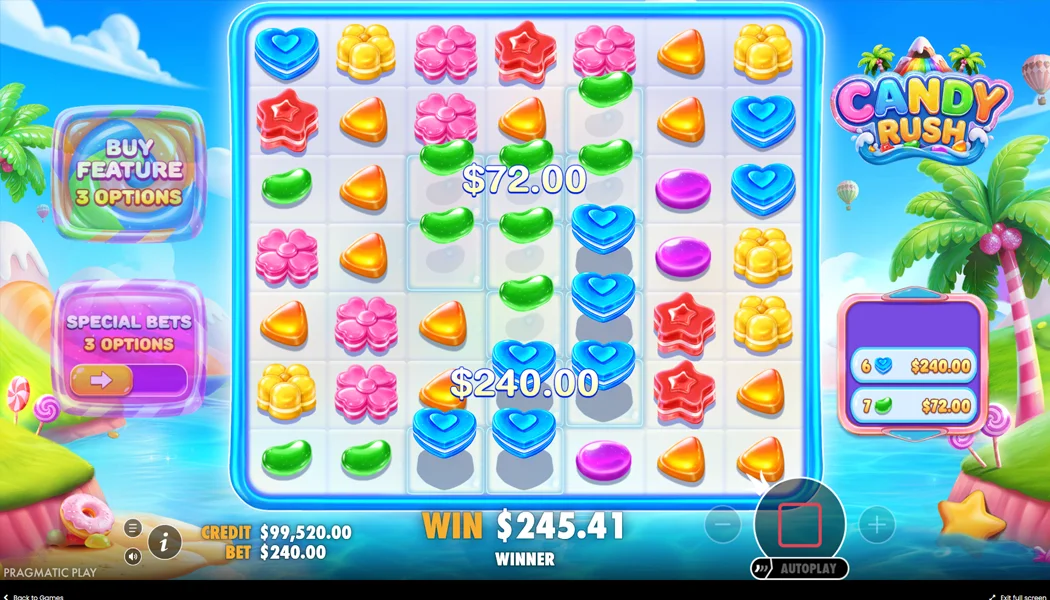 Candy Rush Pragmatic Play slot 7x7 cluster pays candy tumble gameplay