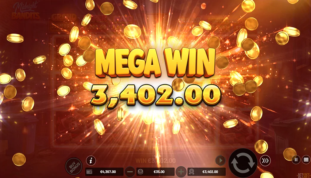 Midnight Bandits big win expanded 10x6 grid Hold and Win raccoons
