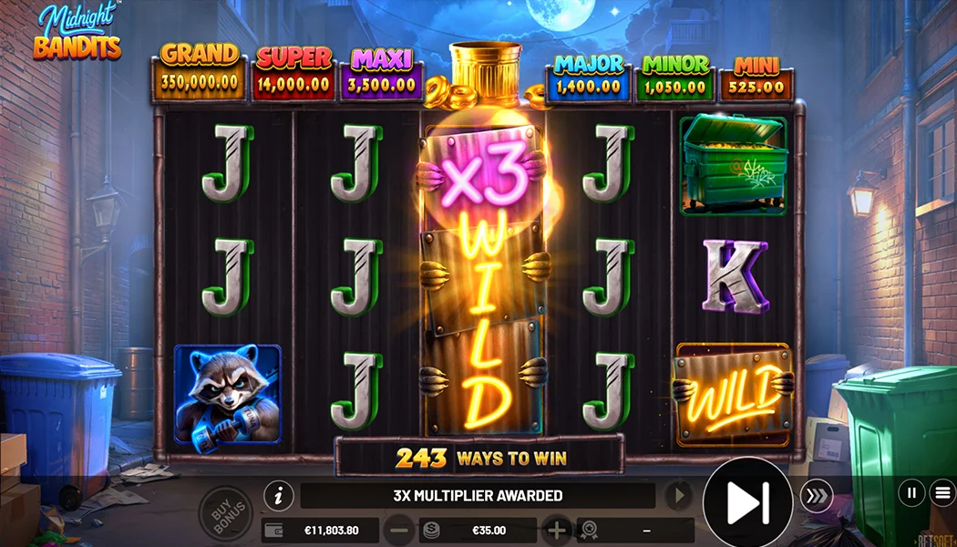 Midnight Bandits Betsoft slot 5x3 raccoon heist 243 ways gameplay