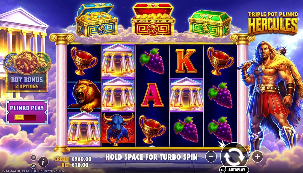 Triple Pot Plinko Hercules Pragmatic Play slot 5x3 Greek mythology gameplay