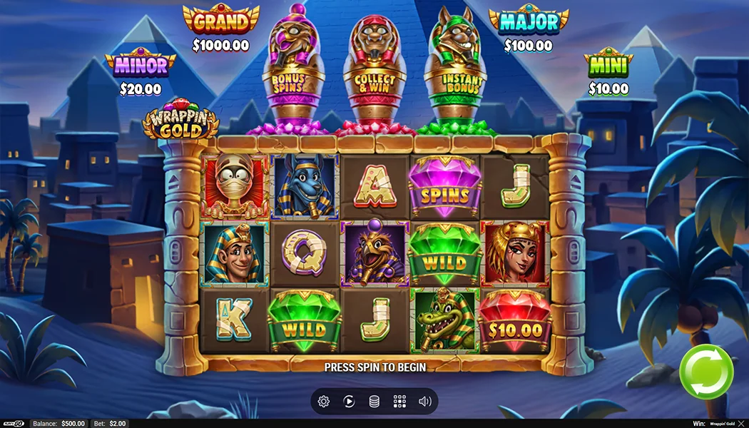Wrappin Gold Play'n GO slot 5x3 ancient Egypt Feature Pots gameplay